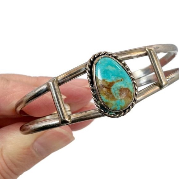 Jewelry - Turquoise Cuff, Sterling Silver, Vintage Bracelet, Small Wrist, 1970s, 70s, Boho